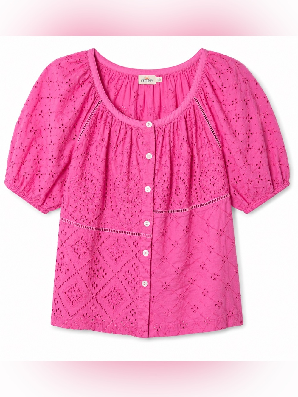 Faherty Pink Eyelet Puff Sleeve Blouse Coastal Boho Cottagecore Summer Top Small